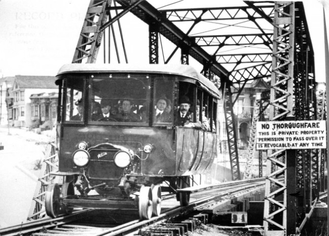V&T Car No. 23, the "Canary," being tested on Southern Pacific track at Dolores Street, San Francisco; July 15, 1917. (White Co. Photograph)