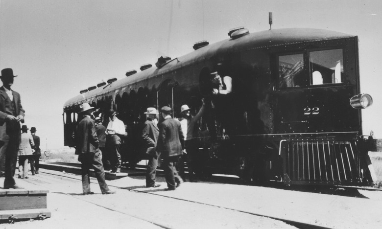Maiden run of Virginia & Truckee No. 22, McKeen Motor Car No. 70, at Minden,1910.