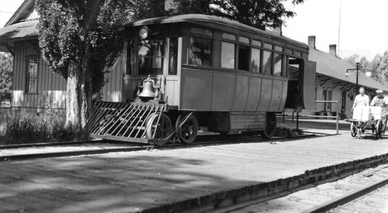 V&T motor car No. 99 at the Carson City depot, June 6, 1938. No. 99 had a chassis and engine made by the White Motor Company of Cleveland and a handsome carbody built by the San Francisco coachbuilders Thomson-Graf-Edler. (David J. Welch photograph)